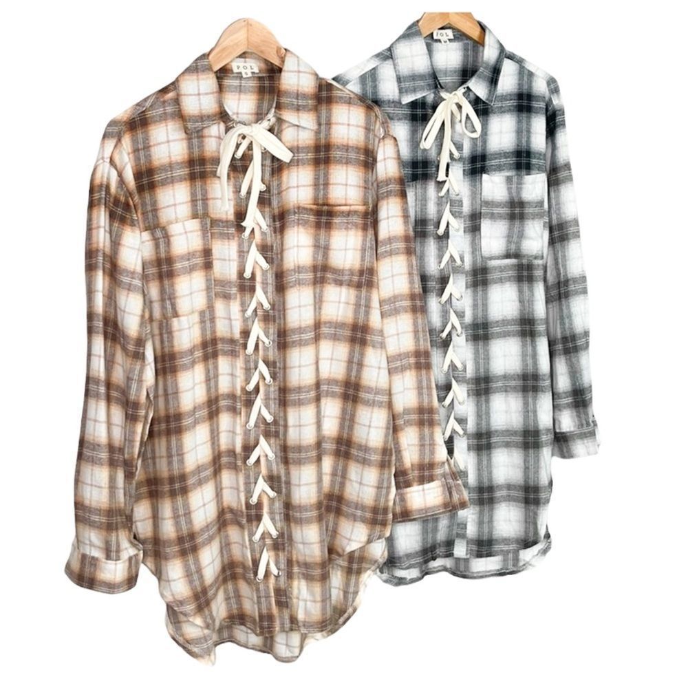 𝅺pol Boho Brown multi Lace Up Front Shirt - Picture 15 of 16